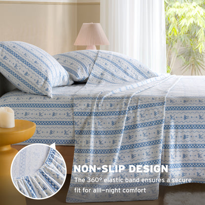 Cozy Soft Cotton Flannel Printed Sheet Set - Blue Bow Scallop Stripe