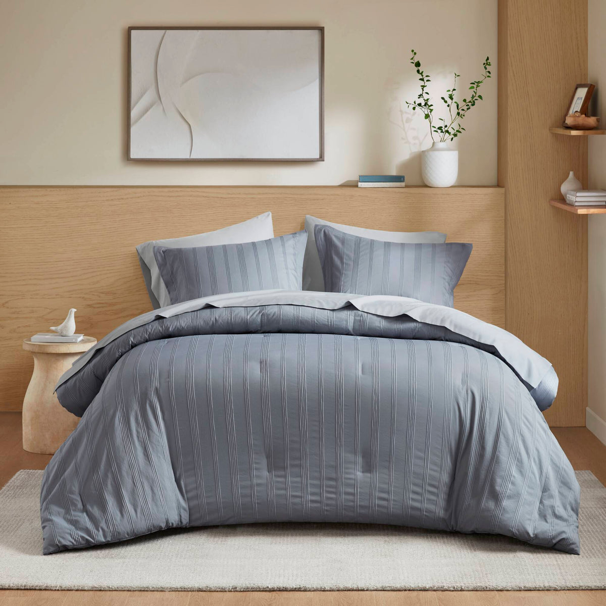 Logan Striped Reversible Pintuck Pleated Comforter Set - Blue/Grey