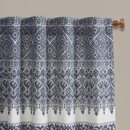 Mila Cotton Printed Curtain Panel with Chenille detail and Lining - Navy