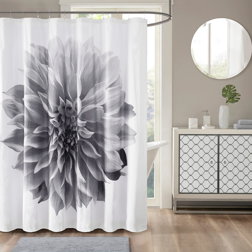 Norah Printed Floral Cotton Shower Curtain - Grey