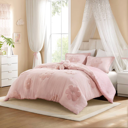 Gracie Floral Reversible Tufted Chenille Comforter Set with Flower Throw Pillow - Pink