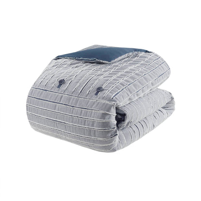 Essence Oversized Cotton Clipped Jacquard Comforter Set with Euro Shams and Throw Pillows - Blue