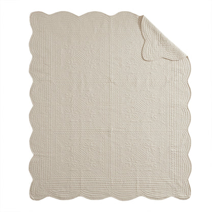 Tuscany Oversized Quilted Throw with Scalloped Edges - Cream