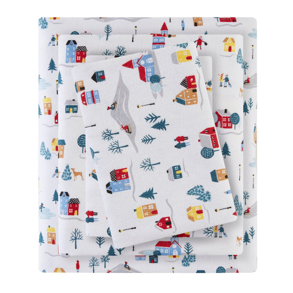 Cozy Cotton Flannel Printed Sheet Set - White Village Print
