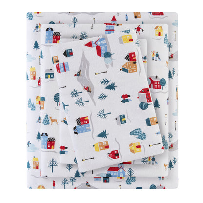 Cozy Cotton Flannel Printed Sheet Set - White Village Print