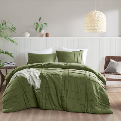 Walker Soft Washed Pleated Comforter Set - Olive Green
