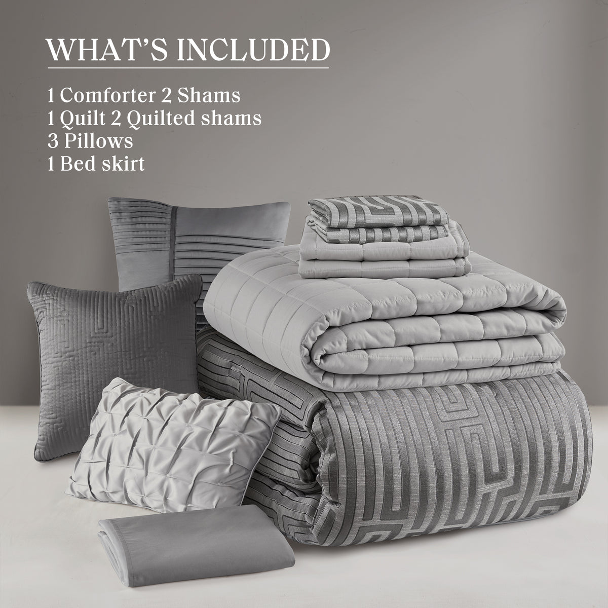 Royce 10 Piece Luxury Jacquard Comforter Set - Grey