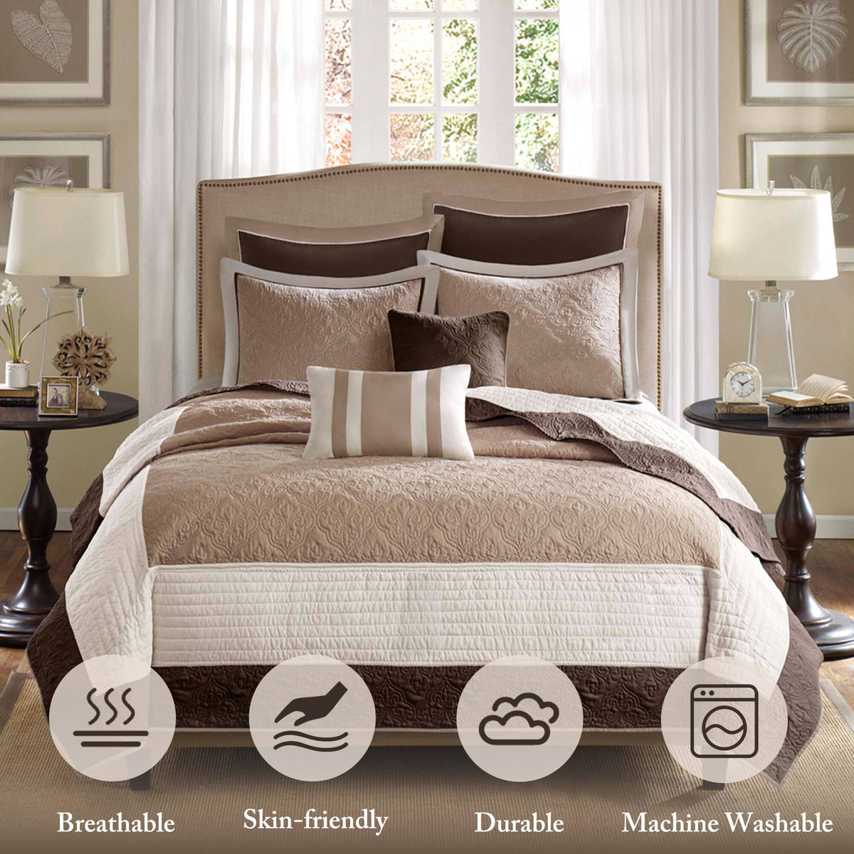 Attingham 7 Piece Quilt Set with Euro Shams and Throw Pillows - Beige