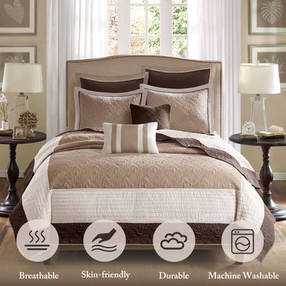 Attingham 7 Piece Quilt Set with Euro Shams and Throw Pillows - Beige