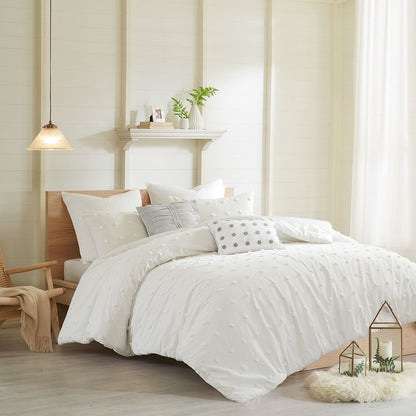 Brooklyn Cotton Jacquard Comforter Set with Euro Shams and Throw Pillows - Ivory