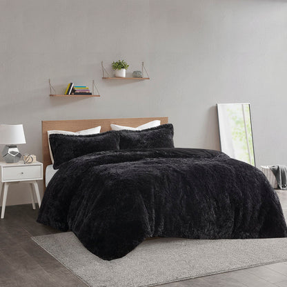 Malea Shaggy Fur Duvet Cover Set - Black