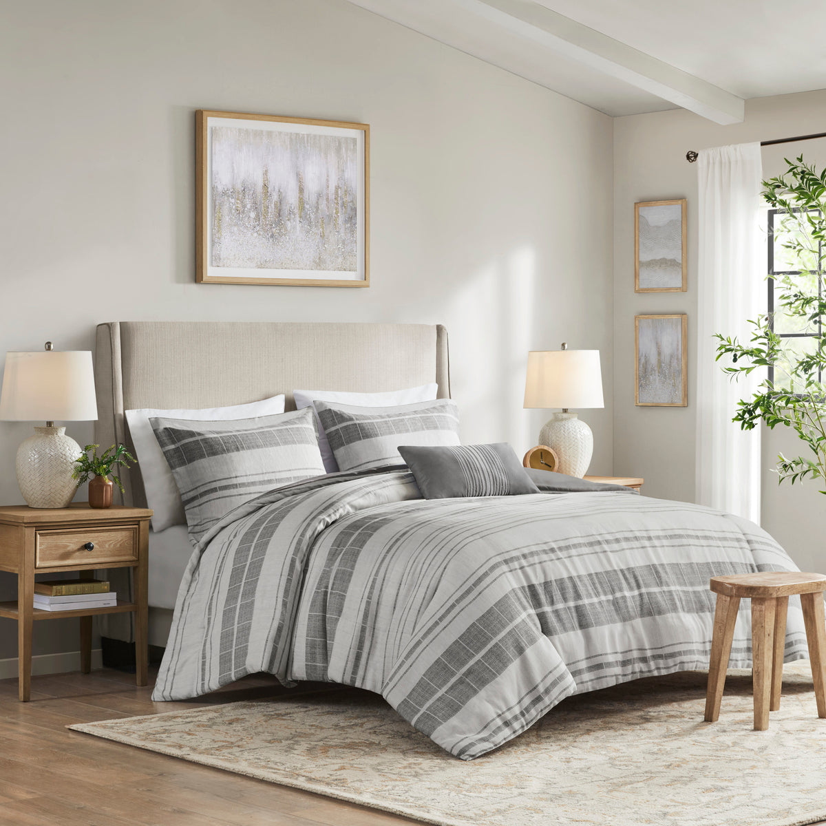 Rhodes 4 Piece Stripe Comforter Set with Throw Pillow - Grey/Multi