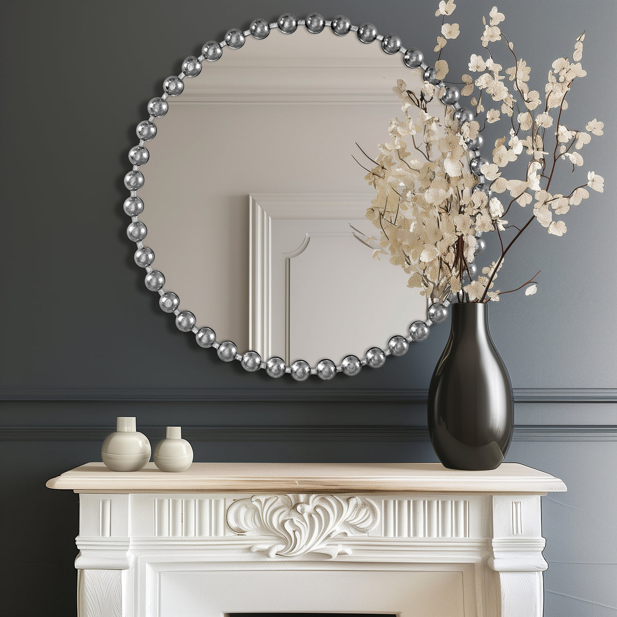 Marlowe Beaded Round Wall Mirror - Silver