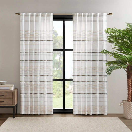 Nea Cotton Printed Curtain Panel with tassel trim and Lining - Off White/Gray