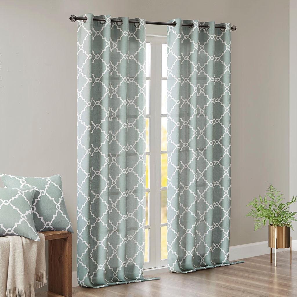 Saratoga Fretwork Print Grommet Top Window Curtain Panel - Seafoam/White