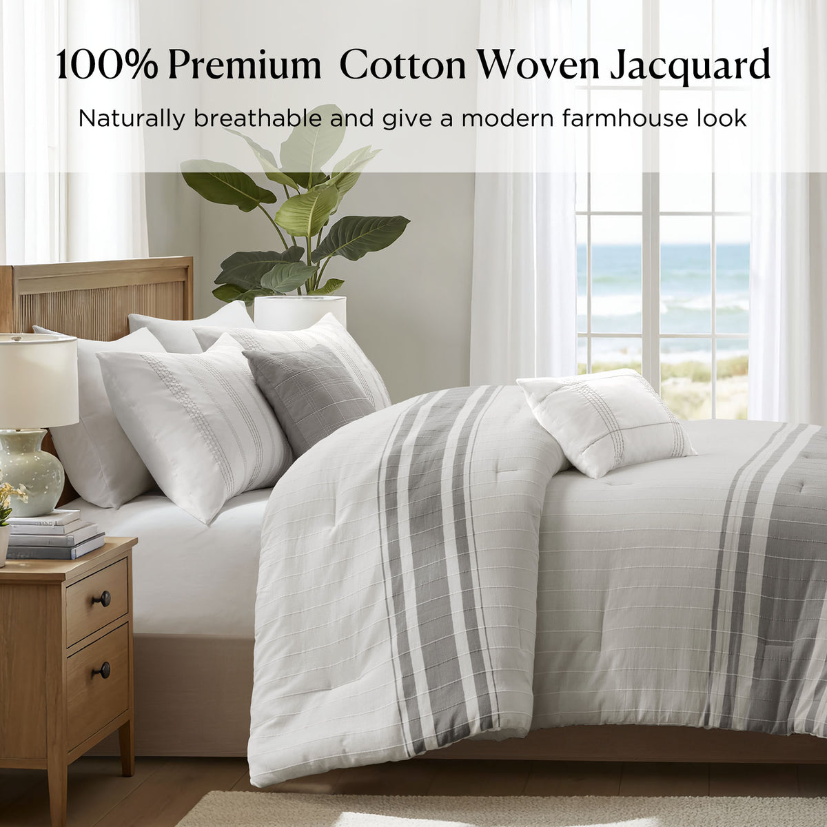 Morgan 6 Piece Cotton Jacquard Oversized Comforter Set - White/Grey