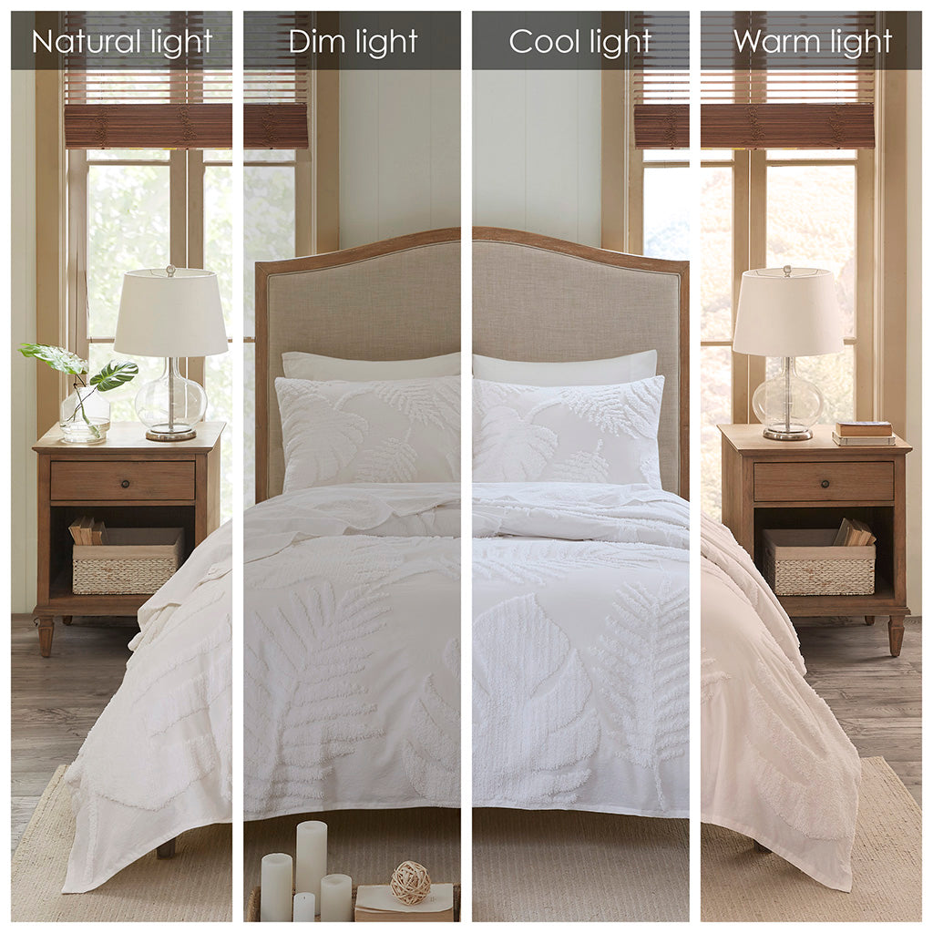 Bahari 3 Piece Tufted Cotton Chenille Palm Duvet Cover Set - Off-White