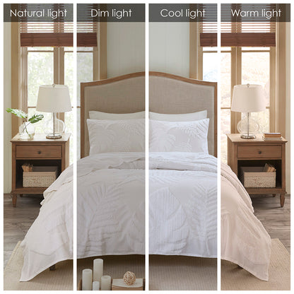 Bahari 3 Piece Tufted Cotton Chenille Palm Duvet Cover Set - Off-White