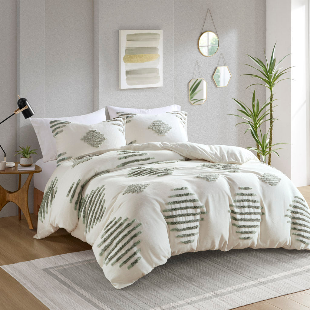 Tahli 3 Piece Cotton Blend Chenille Duvet Cover Set - Green/Ivory