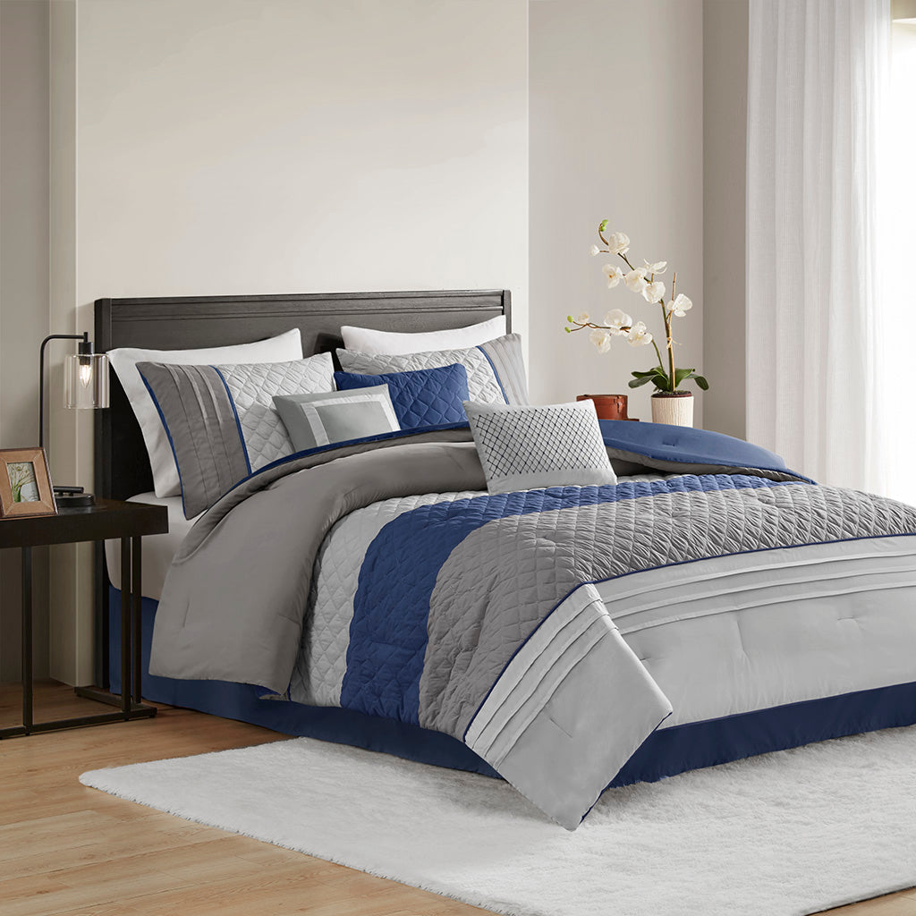 Jenson 7 Piece Color Block Stripe Comforter Set with Throw Pillows - Blue