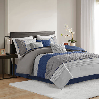 Jenson 7 Piece Color Block Stripe Comforter Set with Throw Pillows - Blue