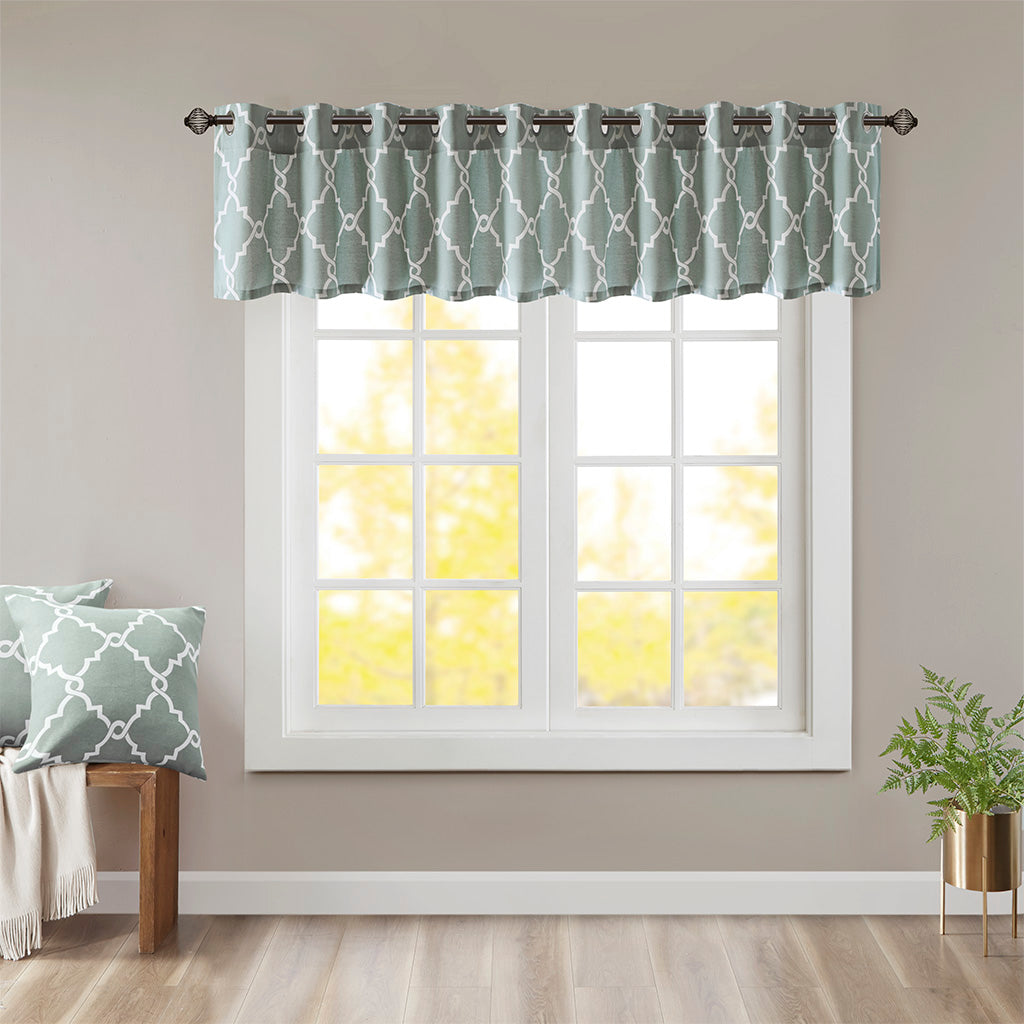 Saratoga Fretwork Print Grommet Top Window Valance - Seafoam/White