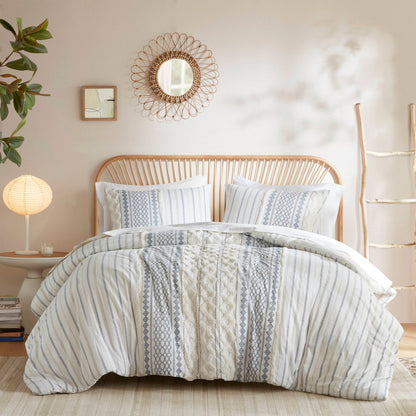 Imani Cotton Printed Comforter Set with Chenille - White/Navy