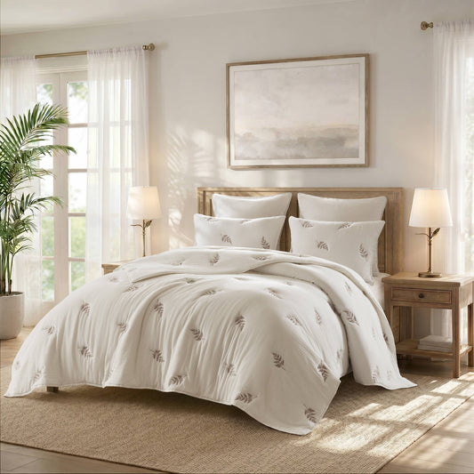 Willow Embroidered Botanical 100% Cotton Lightweight 3 Piece Quilt Set - White/Tan