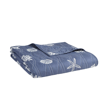 Seaside 4 Piece Cotton Reversible Embroidered Quilt Set with Throw Pillow - Navy