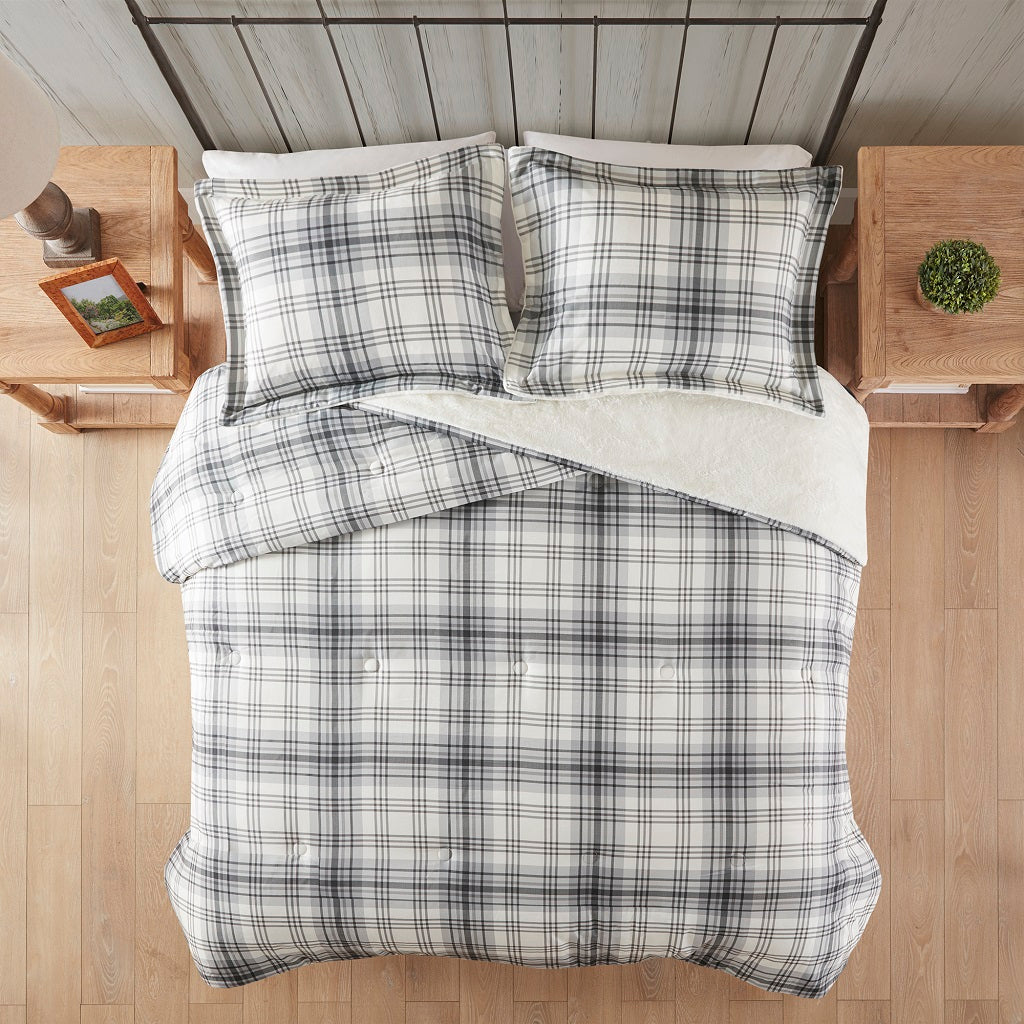 Bernston Faux Wool to Faux Fur Down Alternative Comforter Set - Gray Plaid