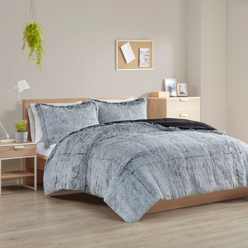 Malea Shaggy Faux Fur Comforter Mini Set - Black/White