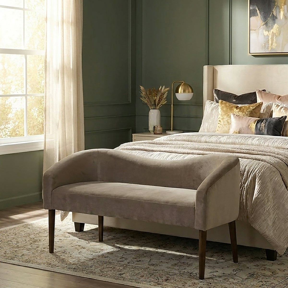 Larkspur Wave Back Velvet Accent Bench - Warm Taupe