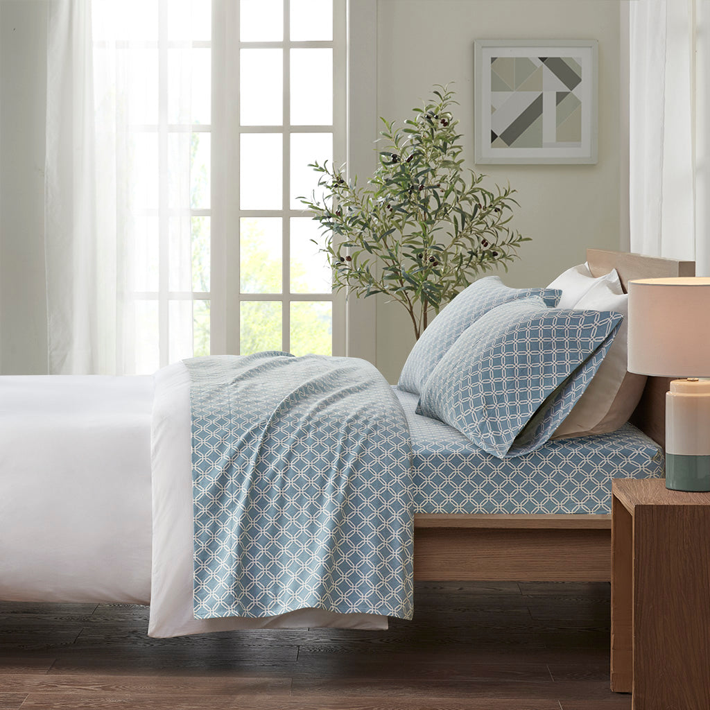 Cozy Cotton Flannel Printed Sheet Set - Blue Geo