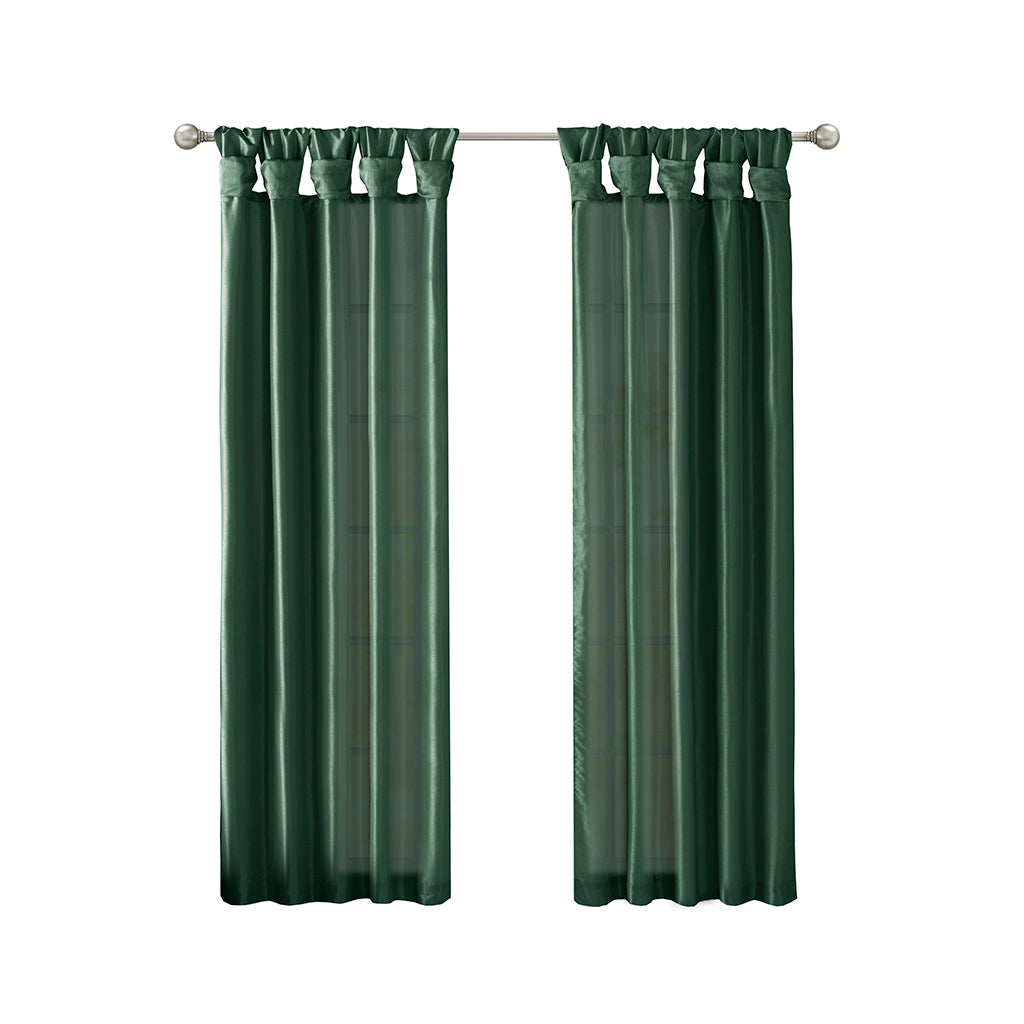 Emilia 100% Polyester Solid Faux Silk Lined Twist Tab Window Curtain - Green