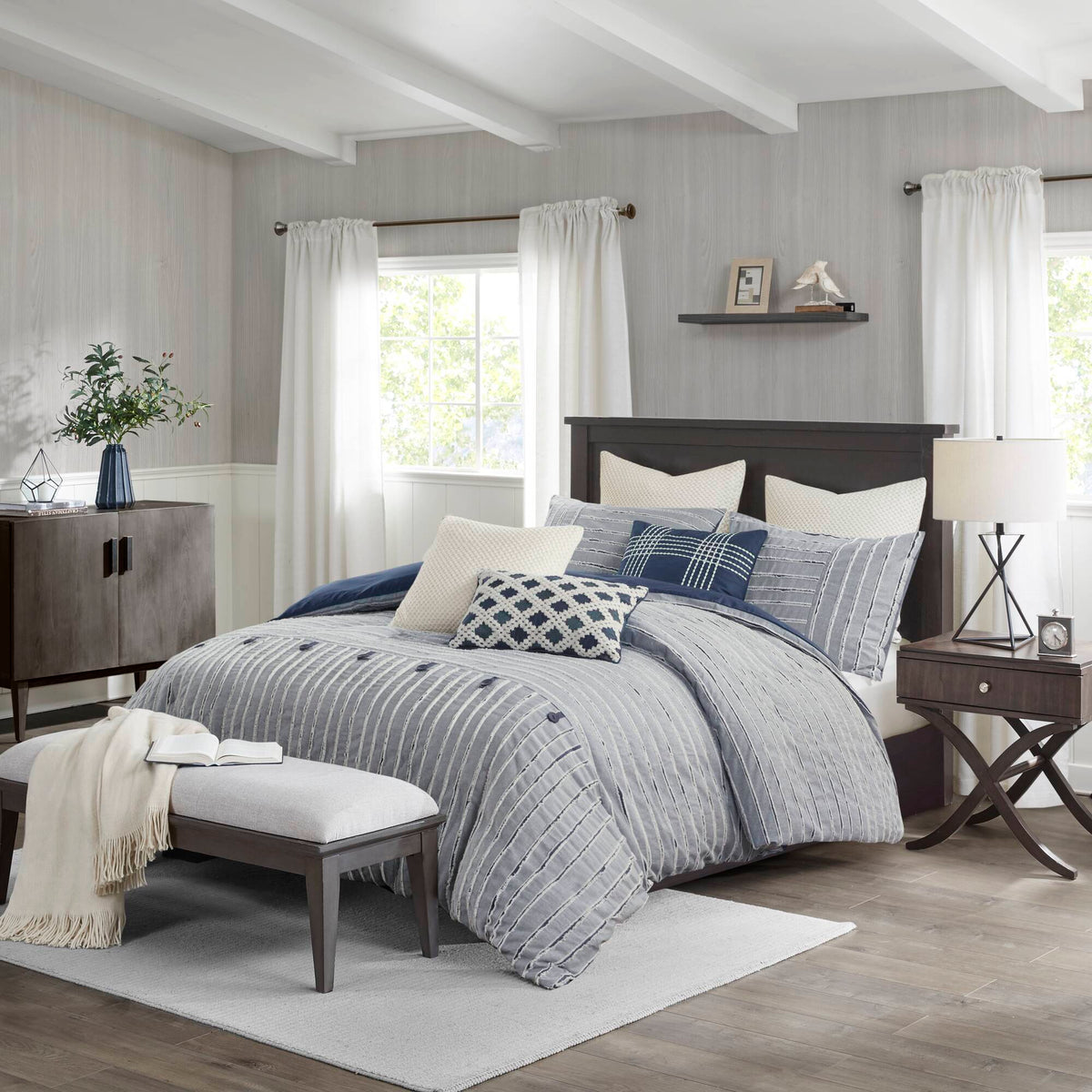 Essence Oversized Cotton Clipped Jacquard Comforter Set with Euro Shams and Throw Pillows - Blue