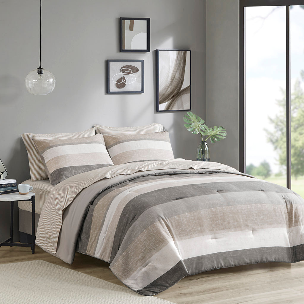 Jaxon Stripe Comforter Set with Bed Sheets - Taupe/Grey