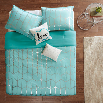 Raina Metallic Printed Comforter Set - Aqua/Silver