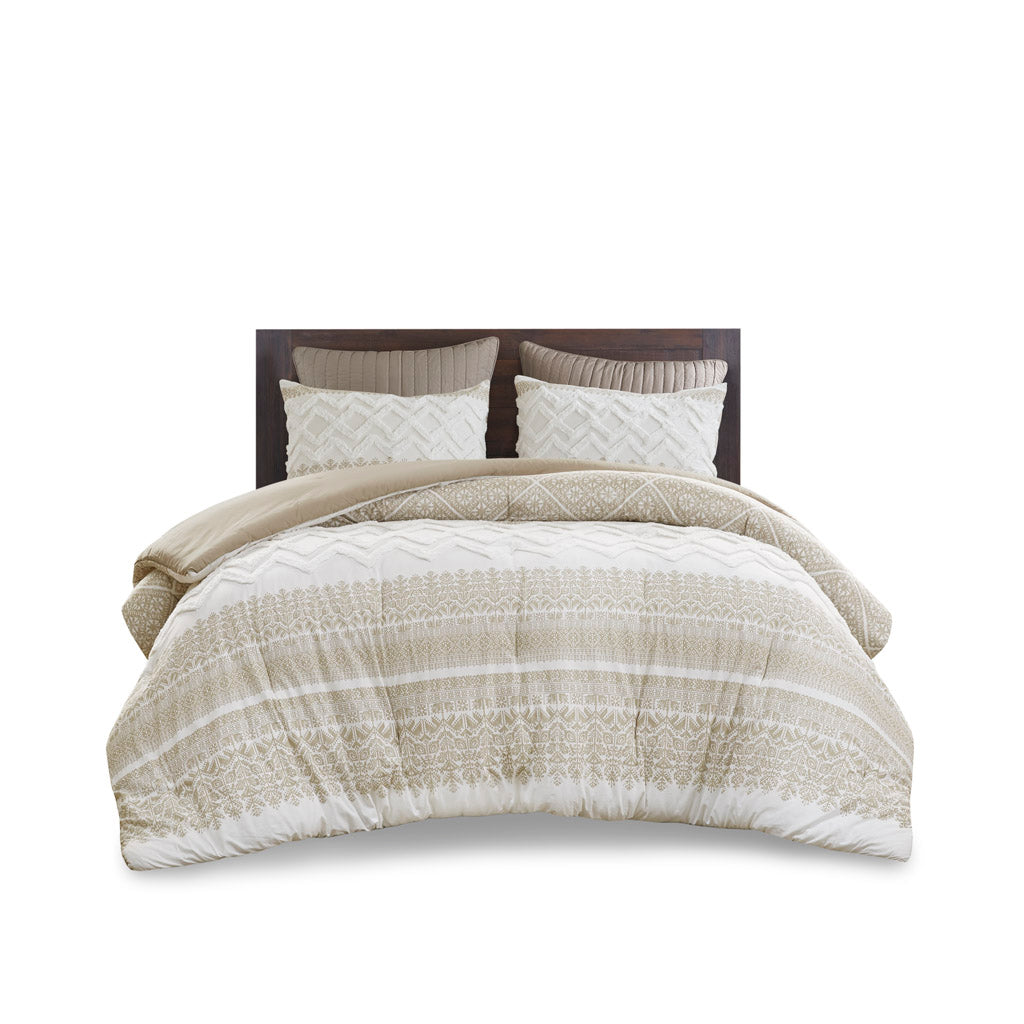Mila 3 Piece Cotton Comforter Set with Chenille Tufting - Taupe