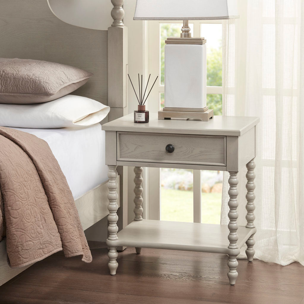 Beckett Turned Wood Spindle Nightstand with Drawer & Shelf - Antique Cream
