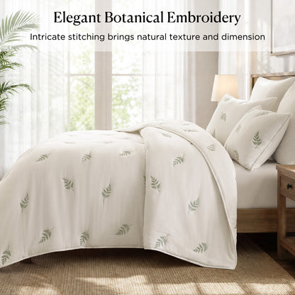 Willow Embroidered Botanical 100% Cotton Lightweight 3 Piece Quilt Set - White/Sage