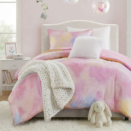 Cassiopeia Watercolor Tie Dye Printed Comforter Set with Throw Pillow - Pink