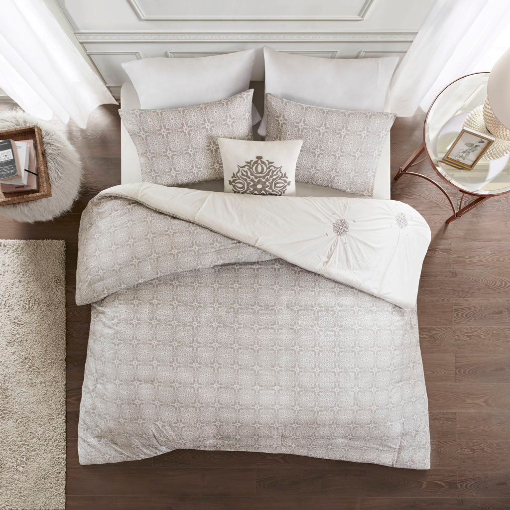 Malia 4 Piece Embroidered Cotton Reversible Duvet Cover Set - Ivory