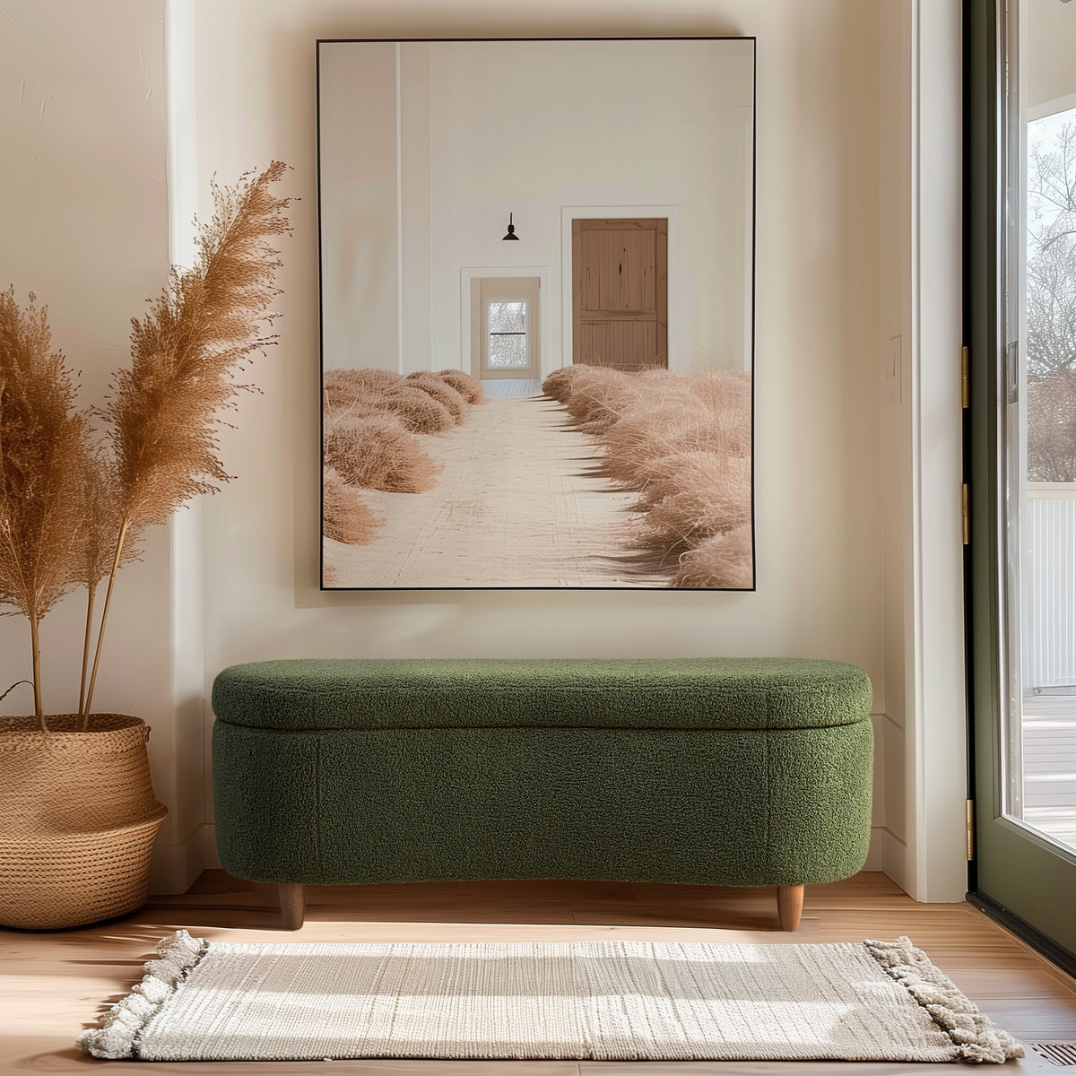 Bailey Boucle-Style Curved Storage Accent Bench - Green