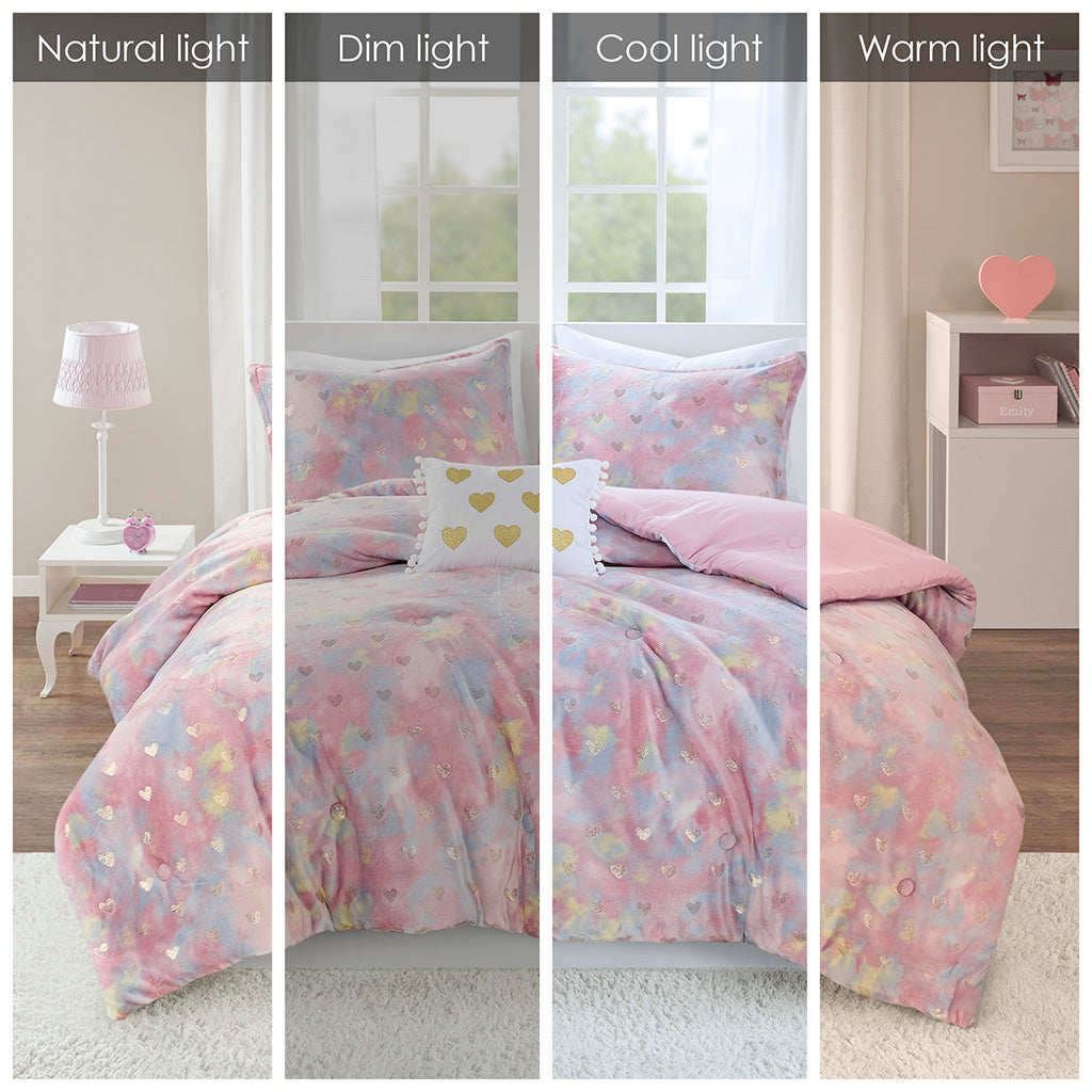 Rosalie Metallic Printed Plush Comforter Set with Throw Pillow - Pink Multi/Gold