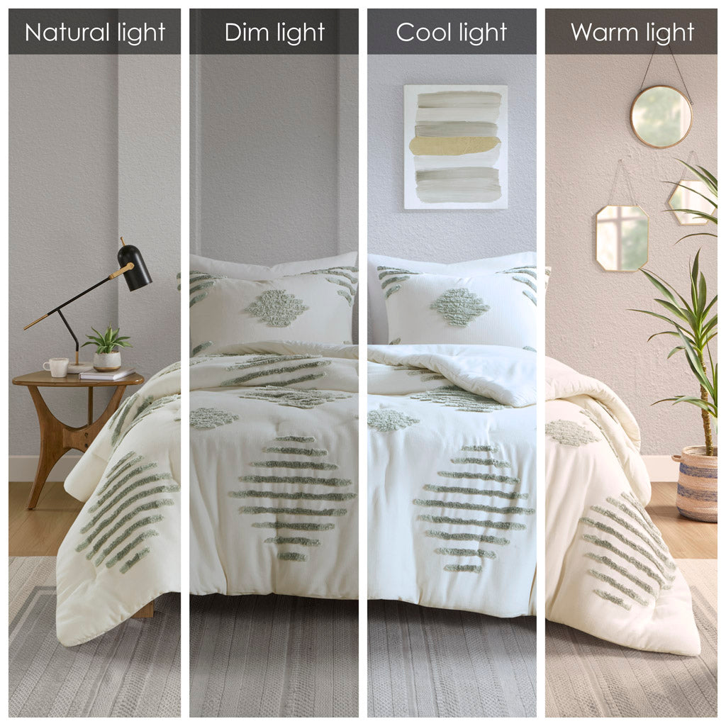 Tahli 3 Piece Cotton Blend Chenille Comforter Set - Green/Ivory