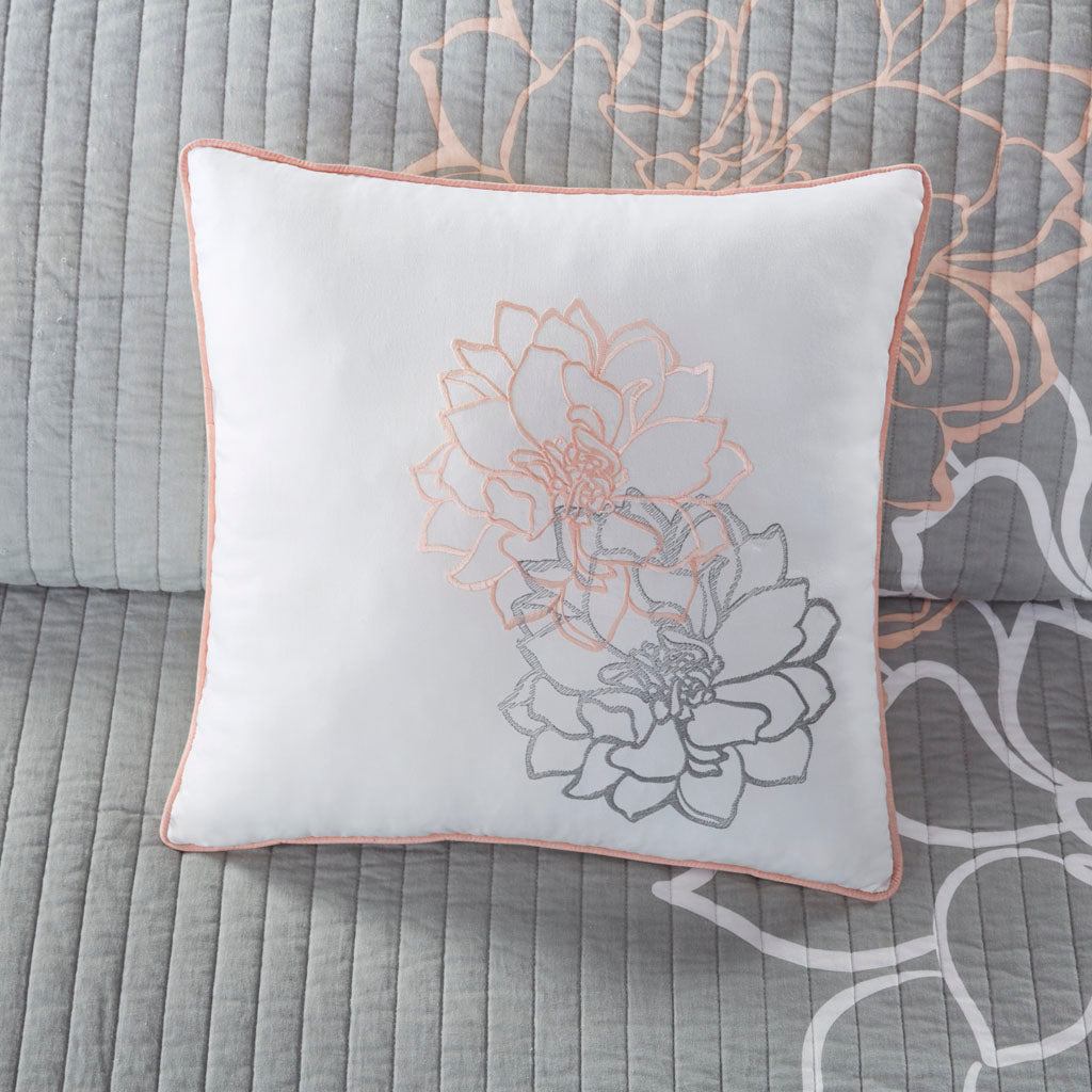 Lola 6 Piece Printed Cotton Quilt Set with Throw Pillows - Grey/Peach