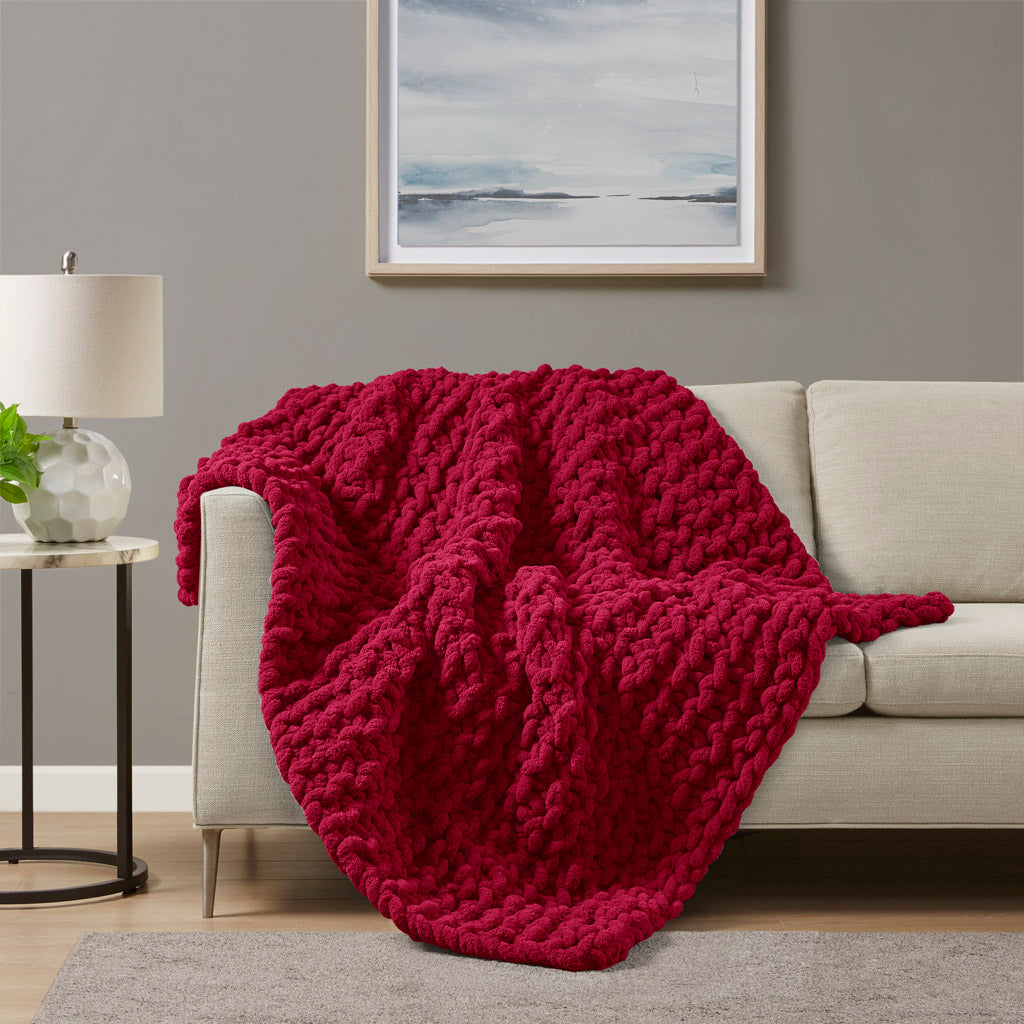 Chenille Chunky Knit Throw - Red