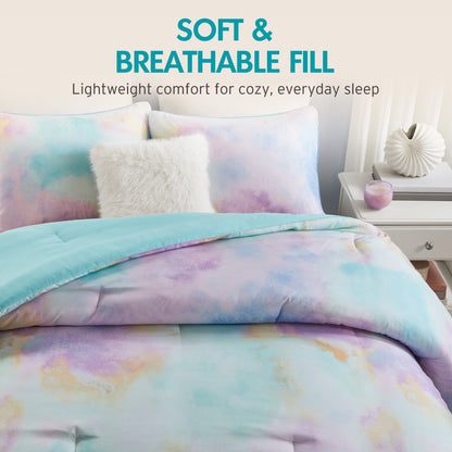 Cassiopeia Watercolor Tie Dye Printed Comforter Set with Throw Pillow - Aqua
