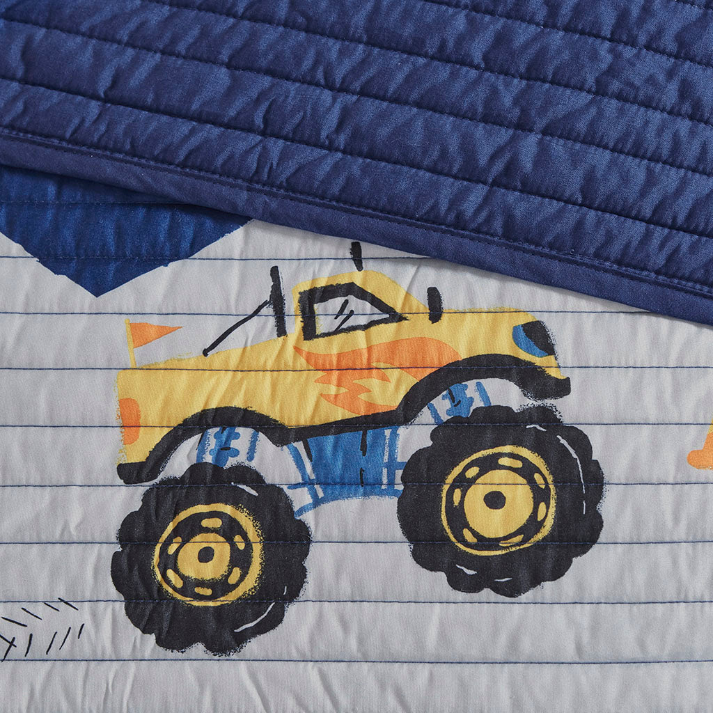 Nash Monster Truck Reversible Quilt Set with Throw Pillow - Blue
