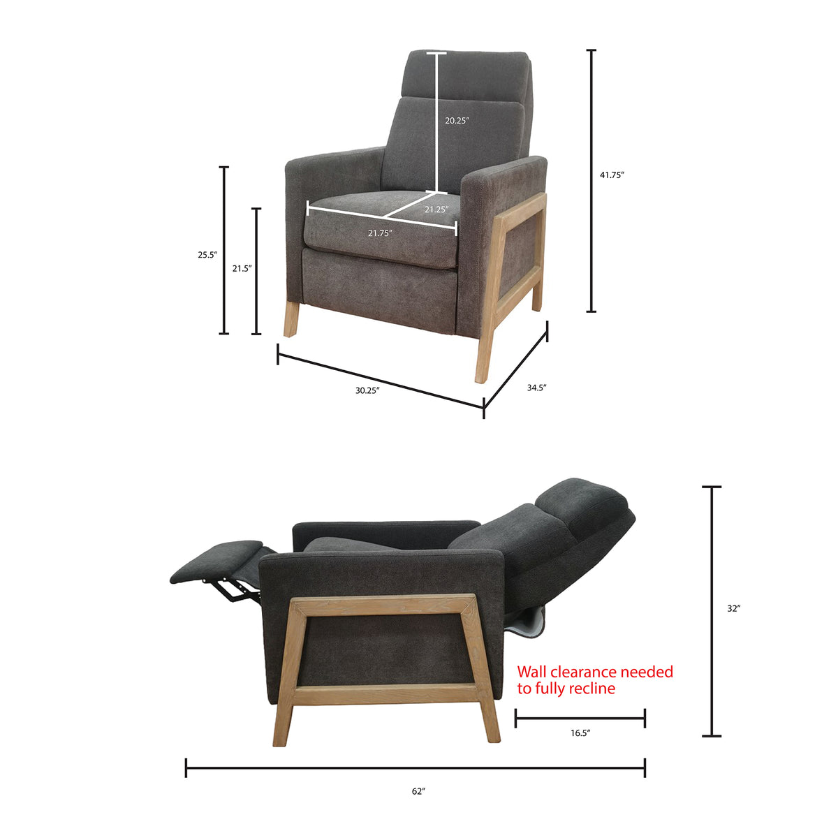 Luna Recliner With Wood Frame - Grey